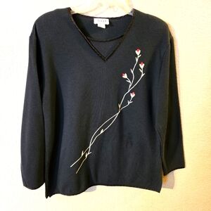 teddi Womens Vintage Black Long Sleeve Top Red Roses Silver Embroidered Stems S